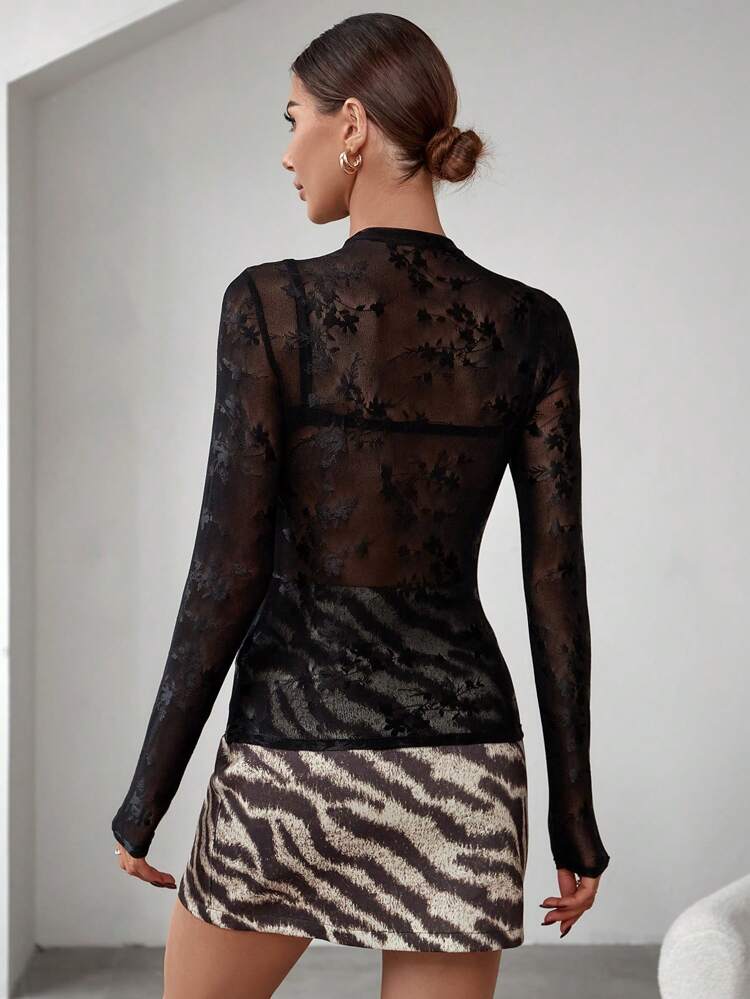 Women's Stand Collar Sheer Lace Top