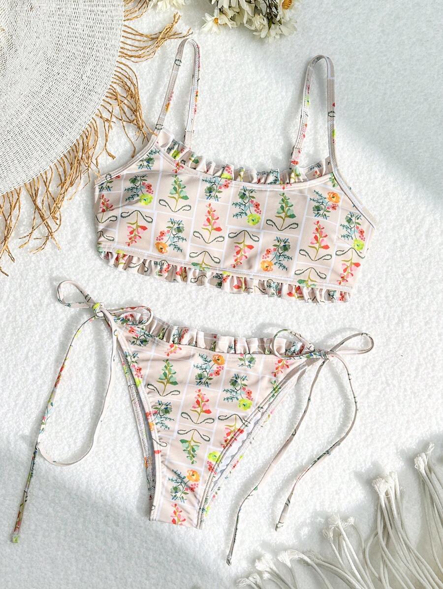 SHEIN Swim 夏季随机花卉印花打结侧比基尼套装 - 玫紅色 - 查看 1