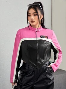SHEIN EZwear Plus Size Color Block Zipper Front Motorcycle Jacket - Hot Pink - View 4