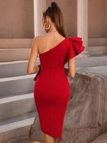 ADYCE One Shoulder Ruffle Trim Pleated Drape Wedding, Cocktail, Party Sheath Dress - Red - View 2