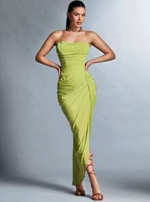 SHEIN BAE High Slit Strapless Dress - Green - View 4