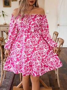 Breezaya 大尺碼女士露肩印花連身裙 - 玫紅色 - 查看 6