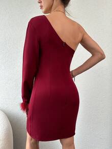 EURMUSE Women's Solid Color One Shoulder Plush Cuff Slit Dress - Burgundy - View 2