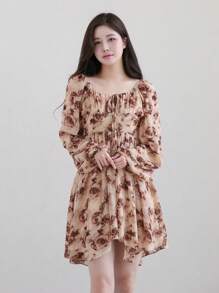 DAZY Floral Pattern Lantern Sleeve Dress,Ruffle Vacation Outfits Women - Brown - View 5
