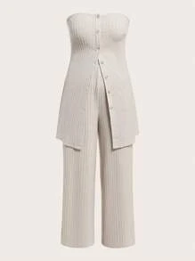 SHEIN Essnce Plus Size Women's Spring And Summer Fashion Casual New Solid Color Ribbed Knit Two Pieces Set - Apricot - View 2