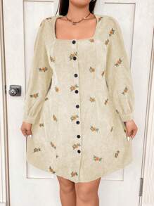 Flirla Damen Kleid In Übergröße Mit Blume Stickerei, Quadratischem Ausschnitt Und Einer Knopfleiste - Aprikosenfarben - Übersicht 6