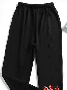 SHEIN EZwear 女士字母火焰印花運動長褲 - 黑色 - 查看 3