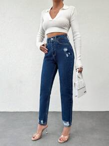 EURMUSE Ladies' Distressed Cone Shape Jeans ,Petite Women - Dark Wash - View 5