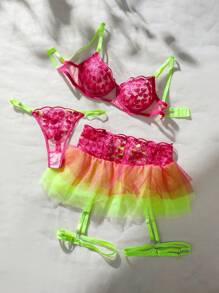 SHEIN Conjunto De Lencería Sexy De Malla Bordada En Forma De Corazón De San Valentín Para Mujeres - Rosa Fucsia - Ver 3