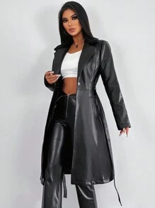 SHEIN Essnce 女士pu大衣長袖束腰外套 - 黑色 - 查看 4