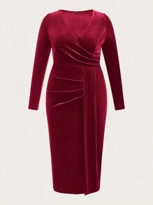 SHEIN Clasi 大尺碼女士百褶長袖連衣裙 - 紅色 - 查看 1