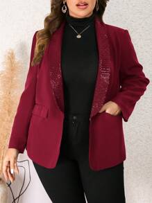 SHEIN Clasi 大尺碼女款亮片拼布長袖西裝外套 - 酒紅色 - 查看 4