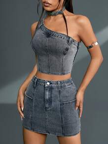 SHEINNeu Conjunto De Short De Hombro Descubierto Con Top De Mezclilla Corto Y Mini Falda De Mezclilla - Azul - Ver 1
