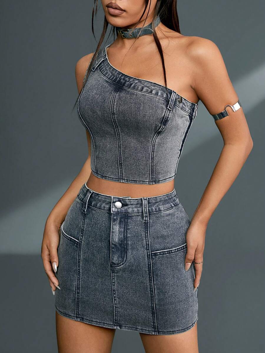 SHEINNeu Conjunto De Short De Hombro Descubierto Con Top De Mezclilla Corto Y Mini Falda De Mezclilla - Azul - Ver 1