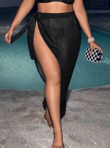 SHEIN Swim Curve 夏季大码打结侧边罩衫裙 - 黑色 - 查看 5