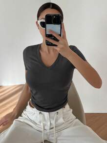 DAZY Của phụ nữ Ngắn Quần skinny Áo thun Với Chi tiết xếp nếp - Màu xám đen - Xem 7
