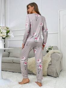 Floral Printed Long Sleeve Top And Pants Pajama Set