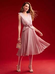 MOTF PREMIUM Vestido plisado sin mangas con decoración de flor 3D, atuendo para el Día de San Valentín