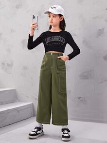 SHEIN Cô gái Lỏng lẻo phù hợp Học viện Phong cách Dệt Màu sắc Chặn Sọc Eo đàn hồi Quần ống rộng Với Nhiều Túi - xanh quân đội - Xem 3