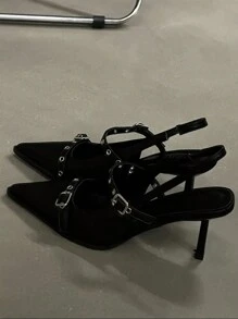 女士复古尖头玛丽珍皮鞋，英伦风高跟鞋，2025春秋新款，法式时尚粗跟高跟鞋，优雅，派对，细高跟鞋 - 黑色 - 查看 3