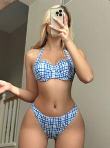 SHEIN Swim Women's Plaid Bikini Set Summer Beach - Blue - View 1