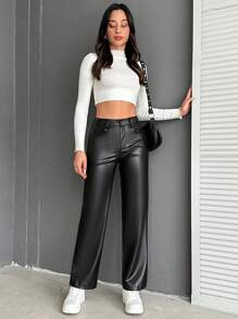 EURMUSE Women's Pu Leather Trousers - Black - View 3