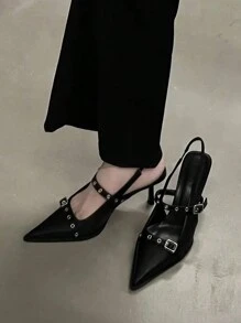 女士复古尖头玛丽珍皮鞋，英伦风高跟鞋，2025春秋新款，法式时尚粗跟高跟鞋，优雅，派对，细高跟鞋 - 黑色 - 查看 1