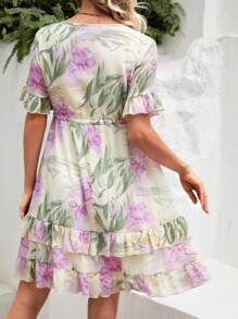 SHEIN Maternity Floral Print V-Neck Dress With Ruffle Hem - Multicolor - View 2