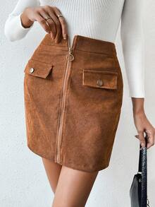 SHEIN Frenchy Ladies' Zipper Front Mini Skirt - Brown - View 5