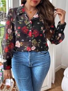 SHEIN Franclia Plus Size Floral Printed Shirt / Blouse - Black - View 5