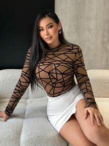 SHEIN SXY Geometric Print Mesh Bodysuit - Coffee Brown - View 6