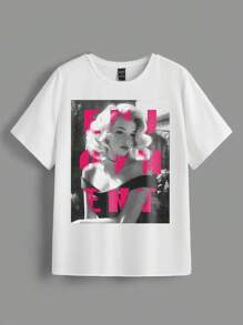 SHEIN EZwear Figure & Letter Print Crew Neck Short Sleeve Fitted Women T-Shirt, Suitable For Summer - White - View 1