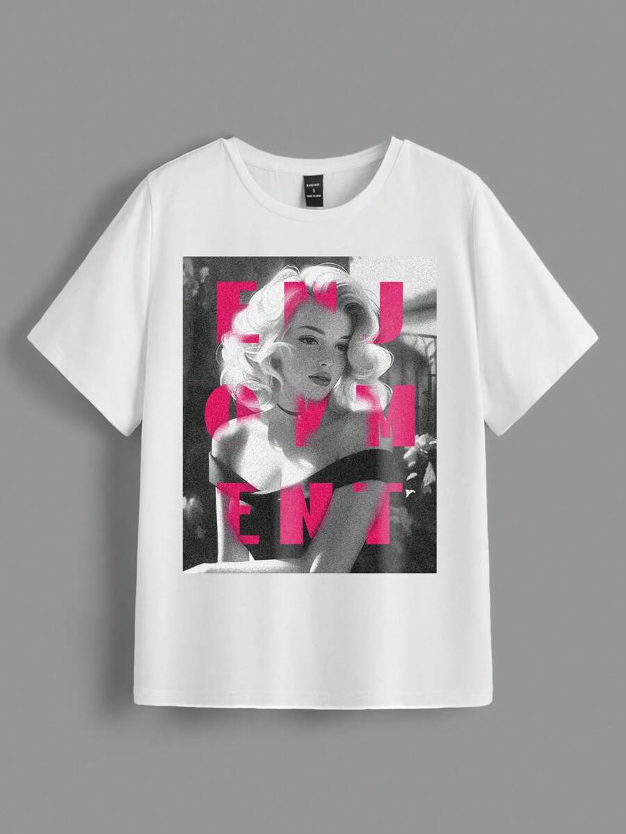 SHEIN EZwear Figure & Letter Print Crew Neck Short Sleeve Fitted Women T-Shirt, Suitable For Summer - White - View 1