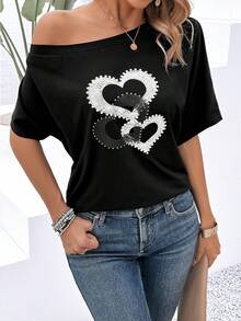 SHEIN Essnce 女士心形印花蝙蝠短袖t恤 - 黑色 - 查看 5