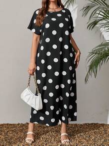 EMERY ROSE Plus Size Women's Black And White Polka Dot Long Dress For Spring For Summer