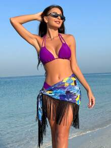 SHEIN Swim Women's Halter Neck Bikini Set With Floral Print Fringed Cover-Up Skirt Music Festival Summer Beach - Multicolor - View 1