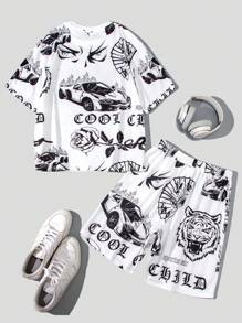 SHEIN 2pcs/Set Teen Boys' Casual Digital Print Short Sleeve T-Shirt And Shorts Suit For Summer - White - View 2
