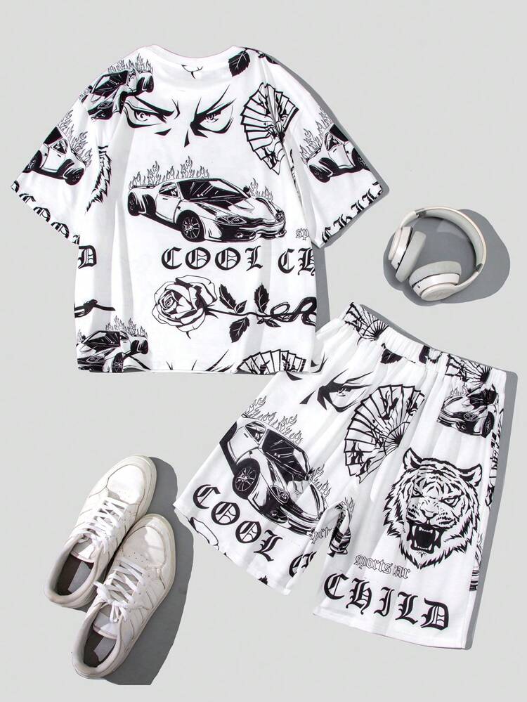 2pcs/Set Teen Boys' Casual Digital Print Short Sleeve T-Shirt And Shorts Suit For Summer