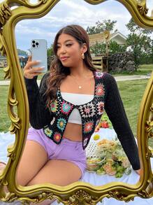 Flirla Plus Size Women's Floral Pattern Long Sleeve Cardigan