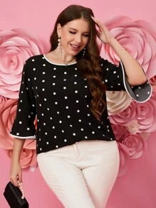 DreamSkyne Blusa De Manga Con Volantes De Lunares Para Mujeres De Talla Grande - Negro - Ver 4