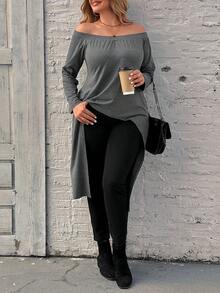 SHEIN LUNE 女士大尺碼純色圓領不對稱下擺短袖t恤 - 灰色 - 查看 3