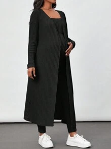 SHEIN Maternity Solid Color Strapless Bodycon Jumpsuit And Open Front Coat 2pcs/Set - Black - View 4