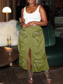 Váy xẻ đùi có dây kéo - màu xanh lá - Xem 3