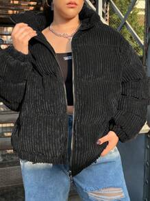 SHEIN EZwear 加大拉链灯芯绒夹棉大衣 - 黑色 - 查看 3
