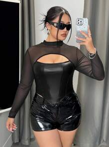 SHEIN ICON 大尺碼女士網紗拼接t恤,腰部綁帶 - 黑色 - 查看 6