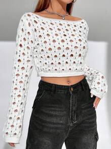 SHEIN Unity 女士船领镂空针织套头衫秋冬毛衣 - 白色 - 查看 1