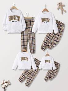 男士字母刺繡圓領絨面長袖上衣和格紋褲子套裝 - 白色 - 查看 3