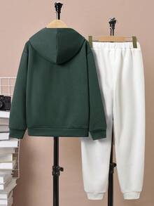 SHEIN 青少年男孩字母圖案連帽衛衣和運動長褲兩件套裝 - 綠色 - 查看 2