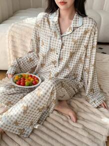 DAZY 2pcs/Set Plaid Teddy Bear Pattern Long Sleeve Top & Pants Pajama Set - Khaki - View 4