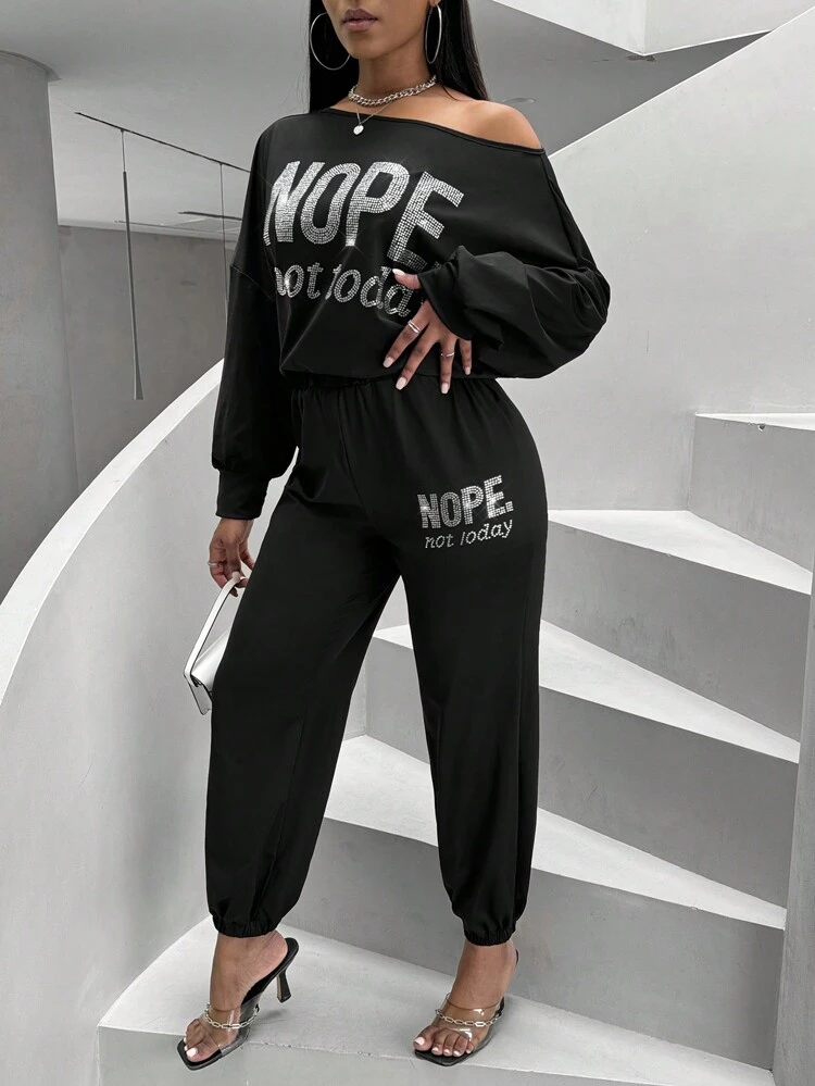 Women'S Rhinestone Decorated Asymmetrical Neck Sweatshirt And Jogger Pants Suit